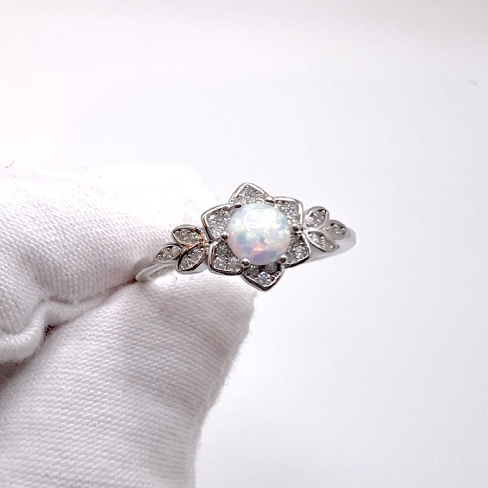 .925 Sterling Silver Lab Created White Opal Floral Ring - Picture 2 of 16